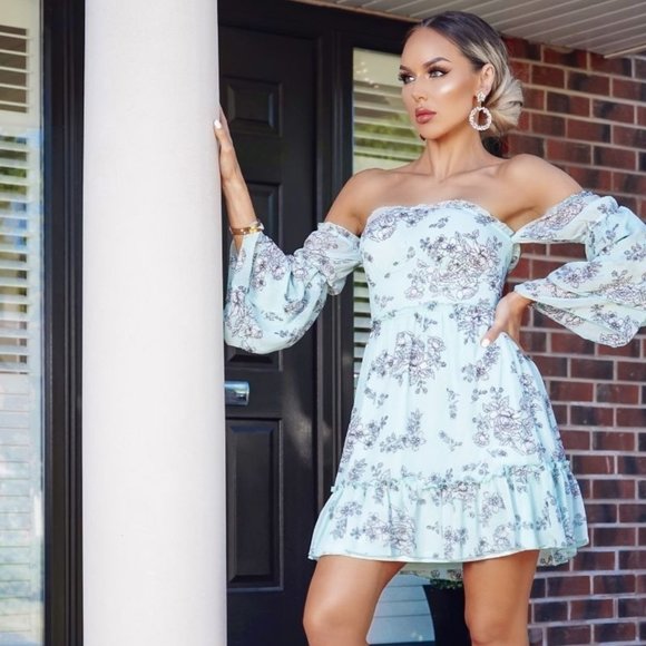 Dreamer Turquoise Floral Off The Shoulder Dress - Picture 4 of 9